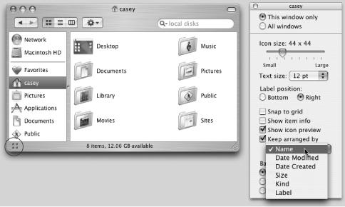 Use the View Options dialog box (right) to turn on permanent- cleanliness mode (left). A tiny four-square icon (circled) appears to remind you that you’ve turned on the Mac’s spatial lockjaw feature, so that you don’t get frustrated when you try to drag an icon into a new position and then discover that it won’t budge.
