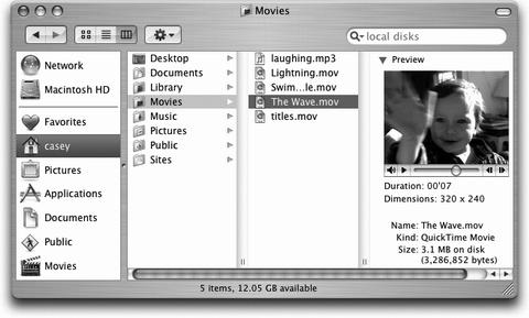 If the rightmost folder contains pictures, sounds, or movies, Mac OS X even lets you look at them or play them, right there in the Finder. If it’s a certain kind of text document (AppleWorks or PDF, for example), you actually see a tiny image of the first page. If it’s any other kind of document, you see a blowup of its icon and a few file statistics. You can drag this jumbo icon anywhere—into another folder, for example.