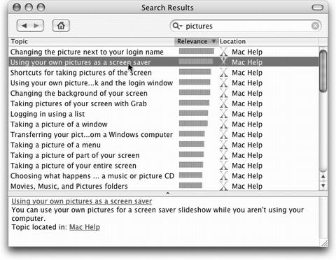 The bars indicate the Mac’s “relevance” rating—how well it thinks each help page matches your search. Click one to read a short description of the topic at the bottom of the window, or double-click to open the help page. If it isn’t as helpful as you hoped, click the Back button (the leftpointing arrow) at the top of the window to return to the list of relevant topics. Click the little Home button to return to the Help Center’s welcome screen.
