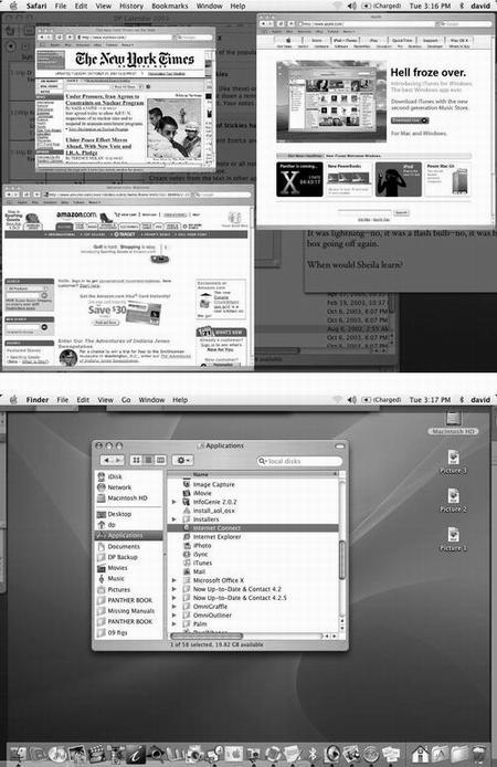 Top: When you press the F10 key, you get a clear shot at any window in the current program (Safari, in this example). In the meantime, the rest of your screen attractively dims, as though someone has just shined a floodlight onto the windows of the program in question. It’s a stunning effect. Bottom: Tap the F11 key when you need to duck back to the desktop for a quick administrative chore. Here’s your chance to find a file, throw something away, eject a disc, or whatever, without having to disturb your application windows. In either case, tap the same function key again to turn off Exposé. Or click one of the window edges, which you can see peeking out from all four edges of the screen.