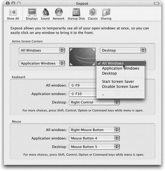 You can trigger Exposé in any of three ways: by twitching your cursor into a certain corner of the screen (top), pressing a key (middle), or clicking the extra buttons on a non-Apple mouse (bottom). Of course, there’s nothing to stop you from setting up all three ways, so you can press in some situations and twitch or click in others.