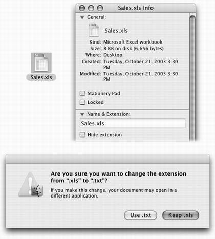 Top: In the Info window, open the Name & Extension pane. Now you can see what Mac OS X really thinks your file is called. Turn “Hide extension” on if you’d rather not see the file name suffix in the Finder. Bottom: If you try to add a suffix of your own, Mac OS X objects, in effect saying, “Hey—I’ve already got a file name extension for this, even if you can’t see it. Are you sure you know what you’re doing?”