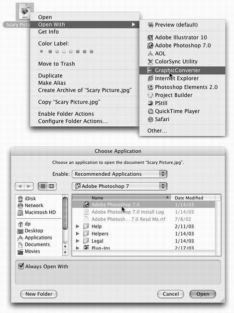 Top: The contextual menu offers a list of programs capable of opening an icon. If you were to press the Option key right now, the words Open With would suddenly change to say Always Open With. Bottom: If you choose Other, you’ll be prompted to choose a different program. Turn on Always Open With if you’ll always want this document to open in the new parent program. Otherwise, this is a onetime reassignment.