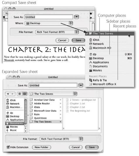 Top: The Save dialog box, or sheet, initially appears in a compact view. Right (inset): If you open the Where pop-up menu, you’ll find that Mac OS X neatly lists all the places it thinks you might want to save your new document: on the hard drive or iDisk, in a folder that you’ve put into your Sidebar (Section 1.2.1), or into a folder you’ve recently opened. Bottom: If you want to choose a different folder or create a new folder, click the downpointing triangle to expand the dialog box. Here, you see the equivalent of the Finder—with a choice of list or column view. (In this view, the Where pop-up menu now reveals the folder hierarchy—the folder path—that you’ve descended to reach the folder location before you.)