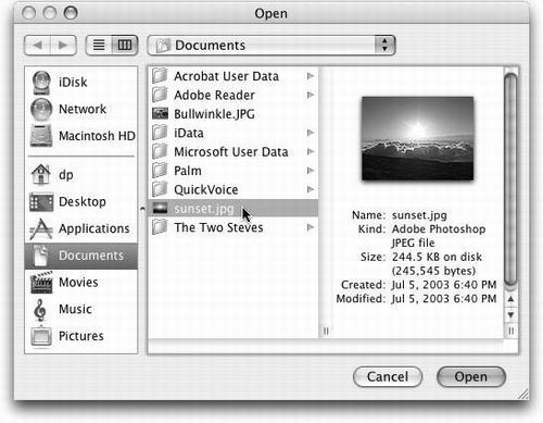 Mac OS X’s Open dialog box shows you only icons for disks, folders, and documents that you can actually open at this moment. For example, when using Preview as shown here, Word and TextEdit documents appear dimmed and unavailable, while picture files show up fine.