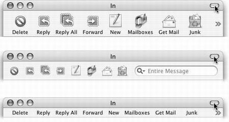 By -clicking the toolbar button repeatedly, you can cycle among various toolbar styles. This technique works in most toolbar-equipped Cocoa programs (and even the Finder, although it’s technically a Carbonized program). In Mail, for example, you can cycle between six different toolbar styles: with icons and labels (large and small); with icons only (large and small); and with text labels only (large and small).