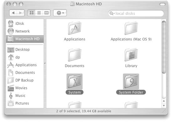 When you’re running Mac OS X, the System Folder that contains Mac OS 9 is clearly marked by the golden 9. Only one System Folder per disk may bear this logo, which indicates that it’s the only one officially recognized by the Mac. (As the programmers say, it’s the “blessed” System Folder.)