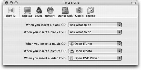 You can tell the Mac exactly which program to launch when you insert each kind of disc, or tell it to do nothing at all.