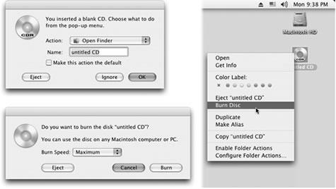 Top left: Choose Open Finder if you plan to copy regular Mac files onto the CD, or Open iTunes if you plan to burn a music CD using iTunes. If this is pretty much what you always want to do with blank CDs, turn on “Make this action the default.” Then click OK. Right: Drag the fully “loaded” CD or DVD onto the Burn icon in the Dock, or Control-click it and choose Burn Disc, as shown here. Lower left: Confirm your choice in this box.