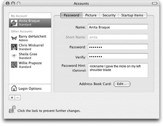 The screen lists everyone for whom you’ve created an account. From here, you can create new accounts or change passwords. Notice the padlock icon at the bottom. Whenever you see it, you’re looking at settings that only administrators are allowed to change—after clicking the padlock and identifying themselves by password, that is.