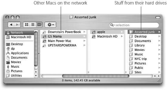 The point of file sharing is to bring other Macs and PCs onto your own screen—in this example, the contents of the account called apple on the Mac called G5 Mama. By dragging icons back and forth, you can transfer your work from your main Mac to your laptop; give copies of your documents to other people; create a “drop box” that collects submissions; and so on.