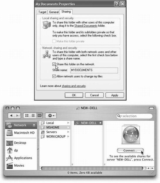 Top: To share a folder in Windows, right-click it, choose Properties, and turn on “Share this folder on the network.” Bottom: Back in the safety of Mac OS X, click Network in the Sidebar, click your workgroup name (if necessary), click the name of the shared computer, and click Connect. (Those are the steps in column view. In other views, just double-click the name of the computer you want.)