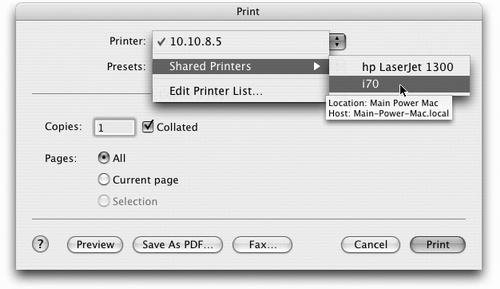 To use a USB printer that’s been shared elsewhere on the network, open the document you want to print and then choose File→Print. In the list of printers, you’ll see a new item called Shared, which lists the printers that have been shared on the network. (Point to one without clicking to view the details rectangle shown here.)