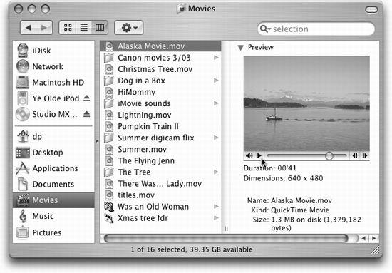 You don’t need any special software to play QuickTime movies. Just view their Finder windows in column view. To preview a selected QuickTime movie, in miniature, click the Play triangle to play; click it again to pause. The two buttons on the right end are frameadvance buttons.