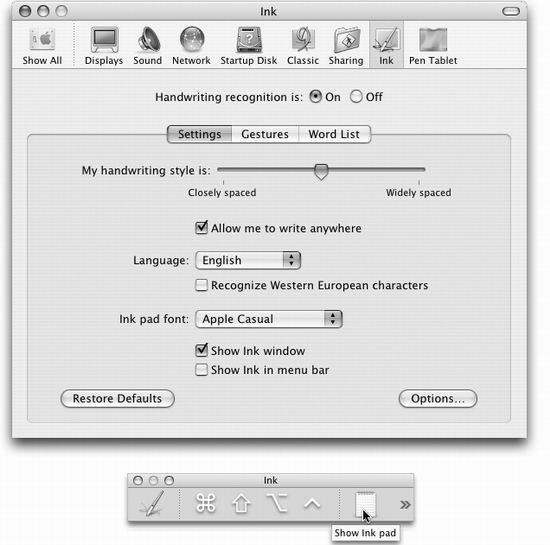 Top: Most people never see the Ink panel of System Preferences, since it appears only when you install a Wacom graphics tablet. Bottom: You can shrink the Ink toolbar down to a small square by clicking on the zoom button (Section 1.2.3), or expand it to include the Ink pad by clicking the notepad icon at the toolbar’s right.