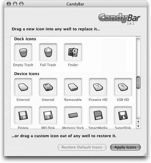 To use CandyBar, just drag your new icons onto the appropriate slots. When you restart the Mac, you’ll find your new icons in place. Restoring the original icons is equally simple.