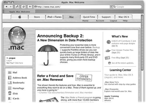 The .Mac features appear as buttons down the left side of the .Mac Web site. For example, the iCards feature lets you send attractively designed electronic greeting cards by email to anyone on the Internet. The Backup feature works in conjunction with a basic backup program that you can download from this site. Webmail, HomePage, a virus program, and features that synchronize your iCal and iSync data with other computers are the other second-tier features. The best feature, however, is iDisk.