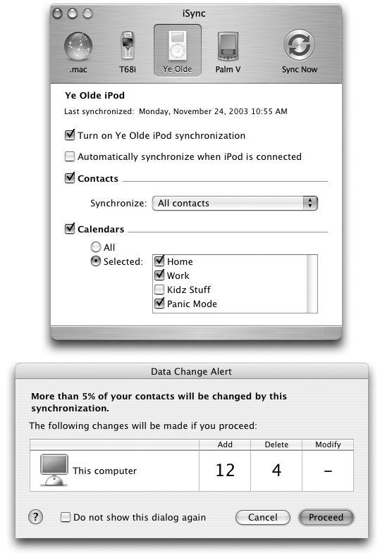 Top: For each gadget, you can specify which iCal calendar categories you want synched, which contacts, and (for a .Mac account) whether or not you want the synching to be automatic. Bottom: The Safeguard window warns you about exactly how many changes you’re about to make. (You can turn off this confirmation box in the iSync→Preferences dialog box.) You can also revert your setup to the last sync, or back up all your data, using commands in the Devices menu. Even with all these safeguards, synchronization can be a tricky business. Just remember never to sync a device with more than one Mac. Similarly, sync only one of each device type (phone, Palm, or iPod) with a certain Mac. Otherwise, iSync may get hopelessly confused as to what’s most current.
