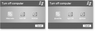 Left: The Stand By button changes to a Hibernate button (right) when you press Shift. Right: To use hibernation, you need a little room on your hard disk because that's where Windows XP stores everything you want to leave open. To find out whether you've got the room, choose Start â Control Panel â Power Options, then click the Hibernate tabâwhich has a "Disk space for hibernation" section that does the math for you.