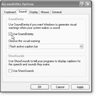 SoundSentry was designed for people with hearing difficulties, but it's useful for others as well. If you don't like your music interrupted by system sounds, use it to flash visual alerts at you, rather than play sounds, when Windows wants to get your attention.