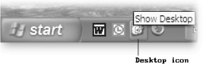 Most people don't realize that the Quick Launch bar (to the right of the Start button) contains an icon that brings up the desktop and automatically minimizes everything else to the taskbar. If you mouse over this light blue icon, you see the label "Show Desktop." It's indispensable when you want to get to your desktop with just a quick click. (If you don't see the icon, turn it on in the Taskbar and Start Menu control panel.)
