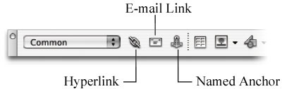 The Common tab of the Insert bar includes three link-related objects: The Hyperlink for adding text links, the email link for adding links for email addresses, and the Named anchor for adding links within a page.