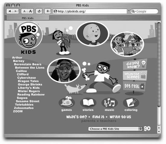 Some Web sites rely almost exclusively on graphics for both looks and function. The home page for the PBS Kids Web site, for instance, uses graphics not just for pictures of their shows’ characters, but also for the page’s background and navigation buttons.