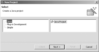 The New Project dialog box, first pane