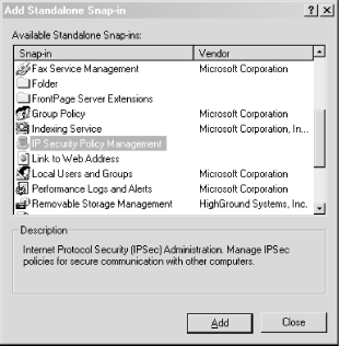 Adding the IP Security Policy Management snap-in