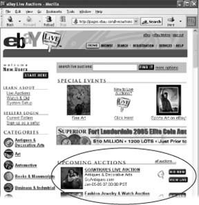 Find the eBay Live Auctions site at . Start dates and times appear for each auction under Upcoming Auctions. To see the auction catalog (a list of items up for sale, with photos), click the title of an auction. Any registered eBayer can watch a live auction in progress (click the View Live button), but if you want to bid, you have to sign up. Click the Bid Now button to sign up for an auction in progress or the Sign Up button for one that hasn't started yet.