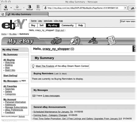 My eBay is your very own personal eBay data center. Your eBay ID appears at the top of the page. This view shows My Summary (you can change the view via the eBay Preferences link located under My Account). My Summary is handy because it shows you an at-a-glance overview of your recent eBay activity: auctions you're bidding on, merchandise you're selling, items you've put on your Watch list (Section 1.5.1). You can select the information you want to see (and the order you want to see it in) by zipping over to the upper-right corner of the page and clicking Customize Summary (the first few letters of which are visible in this screenshot).