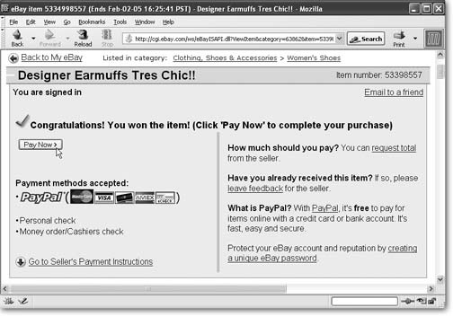 This box appears on the auction page after you've won. Approved payment methods appear on the left; frequently asked questions are on the right. When you're ready to pay, click the Pay Now button. Alternatively, you can email the seller to arrange payment. The seller's email address is in the end-of-auction email eBay sends you.