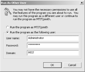 Using Run As to run a program using administrator credentials