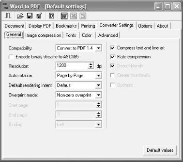Managing PDF feature settings and Ghostscript PDF creation settings from the GhostWord GUI