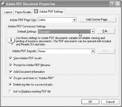 Choosing PDF printer properties