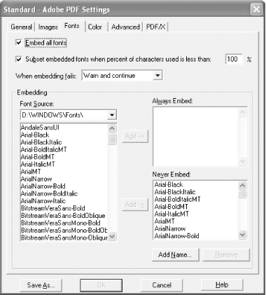 Changing font settings using the Distiller Fonts tab