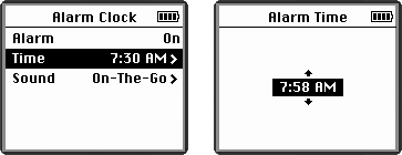 Left: Any old alarm clock lets you specify what time you want it to go off. But how many let you specify what song you want to play? Right: Turn the dial to set the time.