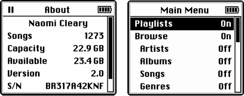 Left: Among other bits of trivia, the About screen shows how much space is left on the iPod, ready for you to fill with songs and files. Right: The Main Menu settings, just under About, can customize your iPod’s main screen.