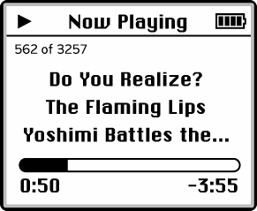 Now Playing is a little display of the current song, album, and performer. It starts out with a scroll bar “map” that shows how far you are into the song, and how much song is left to play. But each time you press the Select button, the bottom display changes: from a static map of your progress, to a movable “scrubber” indicator, to a screen where you can adjust the rating for the current song (by turning the scroll dial—2003-and-later models only).