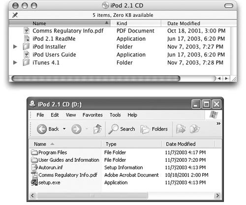 The typical iPod CD (for Mac, top, and Windows) contains the iPod installer software, a copy of iTunes or MusicMatch Jukebox, an electronic copy of the iPod instruction booklet, and a folder of samples of spoken-word audio files from Audible.com. An Acrobat PDF file of legal and regulatory information is also included for those who really love to read the fine print. (Installation CDs are constantly evolving creatures, so don’t be alarmed if your screen looks different from those pictured here.)