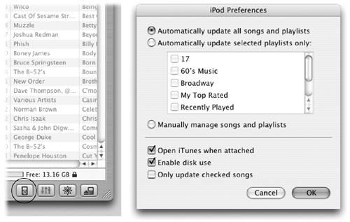 Left: Click the circled button to call up the iPod Preferences dialog box. (The second button provides access to equalizer settings; the third controls screen displays. The last button dismounts the iPod from the computer.) Right: In the iPod Preferences box, you can choose to have the iPod update everything automatically or just certain playlists. “Manually manage songs and playlists” lets you move just the songs you want to the iPod.