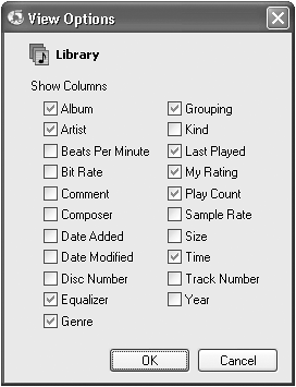 The View Options box from the iTunes Edit menu lets you see as many—or as few—categories for sorting your music as you can stand.