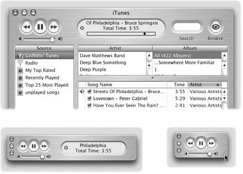 And what size music would you like today? In both the Mac and the Windows versions of iTunes, you can choose large, medium, or small. (Press Ctrl+M in Windows to get the medium size, which you can then scrunch up into the small player by dragging the resize handle.) Only the large version has the space to serve as command central for MP3s, Internet radio, visual effects, and the kitchen sink.