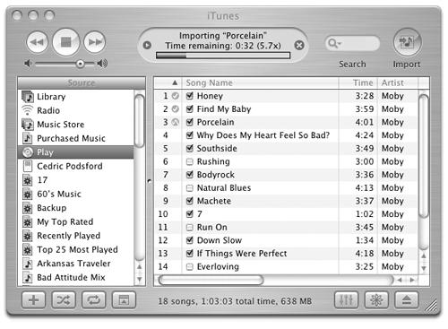 When you click Import, iTunes converts the selected songs from the CD to MP3, AAC, AIFF, or WAV files on your hard drive (depending on what you’ve selected in Preferences). The status bar at top shows the song being imported, the amount of time left, and the speed of the conversion. Songs in progress sport a wavy line in an orange circle.