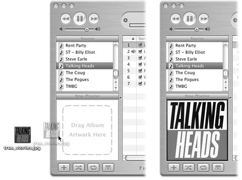 To copy a picture into the iTunes artwork pane, just drag it into the designated spot in the corner of the window (after you’ve selected the song you want to illustrate), as shown here before and after. You can also double-click any image that appears in this panel to view it in a separate window.
