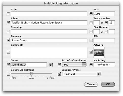 The Multiple Song Information box can save a lot of time because it allows you to change information all at once for all the songs listed in the Artist, Album, or Genre categories. For example, you can assign the Equalizer’s “Classical” preset to all your files in the Classical genre, add a picture of a yellow submarine to all of your Beatles tracks, or adjust the title of all the songs at once on a mislabeled album.