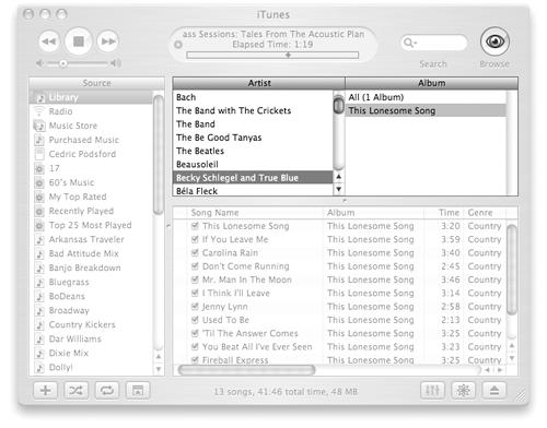 When you click an Artist name in the left column, you get a list of all attributed albums on the right side. To see the songs you’ve imported from each listed album, click the album name. The songs on it appear in the main list area of the iTunes window, beneath the Browser panes.