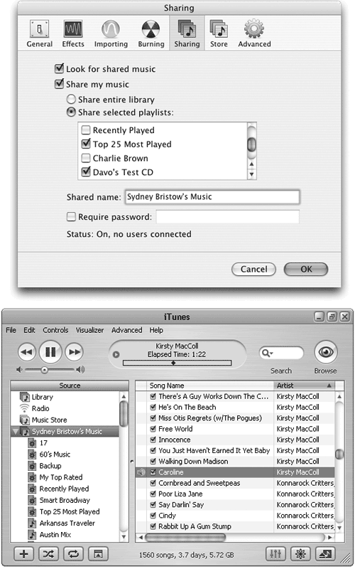 Top: The iTunes 4 Sharing Preferences box lets you share as much of your music collection as you would like with other people on the same network. It also allows you to seek out music on other connected computers yourself. To share your music, you must first turn on the sharing feature and indicate what you want to put out there for others to sample. Bottom: Once you’ve decided to share, your subnet pals can sample your collection right from their iTunes Source lists.