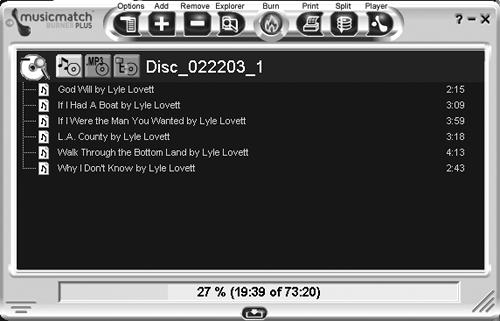 The MusicMatch Jukebox Burner Plus program can record everything from audio discs to data backups, and can even help you design a label for the finished disc.