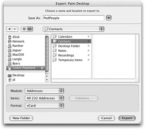 The Export dialog box in Palm Desktop 4.1 for Mac OS X lets you save a copy of your entire address book in one fell swoop. You can save the file right into the Contacts folder on the iPod (if it’s attached) or save it to your hard drive and drag it into the iPod’s Contacts folder the next time you have it hooked up to the Mac.